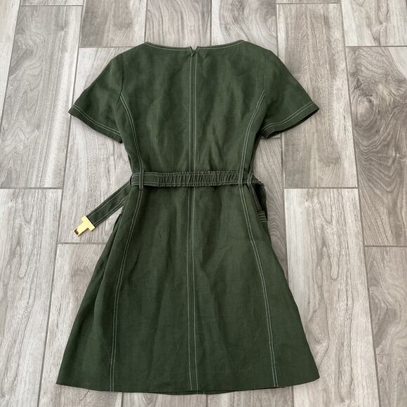 Tory Burch Nadia Dress Green Linen Short Sleeve Size 6 Belted Lined Zip Green - Picture 12 of 13